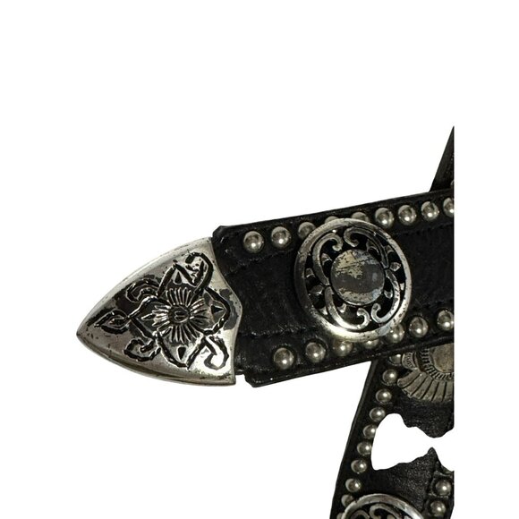 STREETS AHEAD Black Italian Leather Belt Oversized Floral Buckle Western Boho Sm - Picture 5 of 8